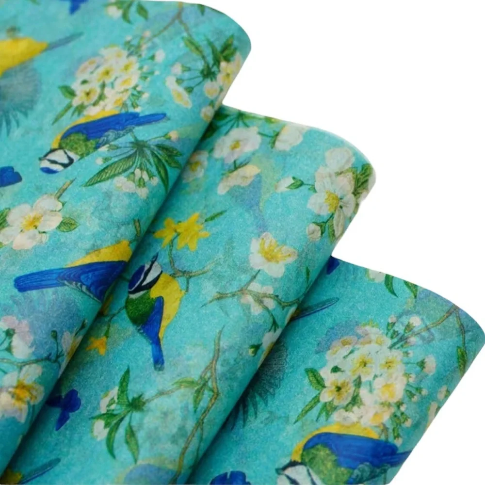Turquoise Blue Floral & Bird Gift Wrapping Tissue - 5 Individual Sheets
